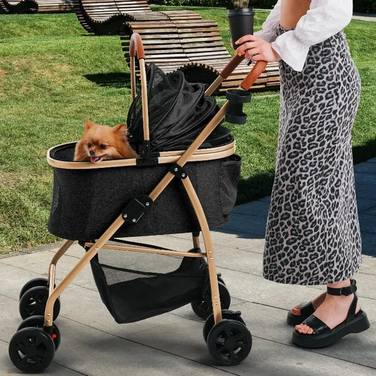 Dog Stroller, Cat Stroller – Zipperless Entry, Easy Fold with Removable Liner, Storage Basket + Cup Holder, Black