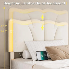 MSmask Queen Bed Frame with 4 Storage Drawers and LED Lights, Velvet Upholstered Platform Bed Frame with Height Adjustable Headb