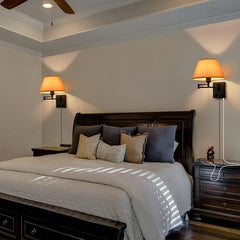 Swing Arm Wall Sconces, Plug-in Wall Lamp,Bedroom Wall Lamp ， White Fabric Shade with Dimmable Switch and USB Charging