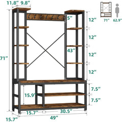 Entryway Hall Tree with Bench and Shoe Storage Shelves, 5-in-1 Coat Rack with Shoe Storage Bench, Industrial Mudroom Be