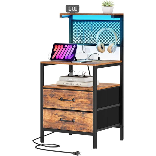Tall Nightstand with Charging Station and LED Lights, Large Night Stands with Fabric Drawers, Bedside Table with Storage Shelves