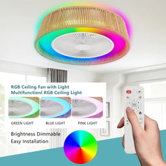21" Modern Rustic Ceiling Fan Light with LED RGB Mood Lighting, Rope Woven Design, Quiet Fan, Semi Flush Mount for Bedroom
