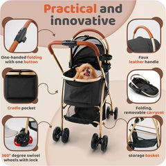 Dog Stroller, Cat Stroller – Zipperless Entry, Easy Fold with Removable Liner, Storage Basket + Cup Holder, Black