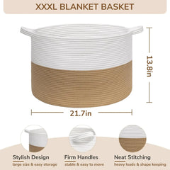 XXXLarge Jute Rope Basket 21.7" x 21.7" x 13.8" Woven Baby Laundry Basket for Blankets Toys
