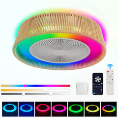 21" Modern Rustic Ceiling Fan Light with LED RGB Mood Lighting, Rope Woven Design, Quiet Fan, Semi Flush Mount for Bedroom