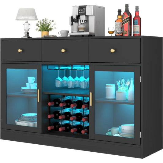 Wine Bar Cabinet with LED Light, Home Coffee Cabinet with Wine and Glass Rack, Kitchen Buffet Sideboard with Storage Cabinet&Dra
