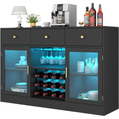 Wine Bar Cabinet with LED Light, Home Coffee Cabinet with Wine and Glass Rack, Kitchen Buffet Sideboard with Storage Cabinet&Dra