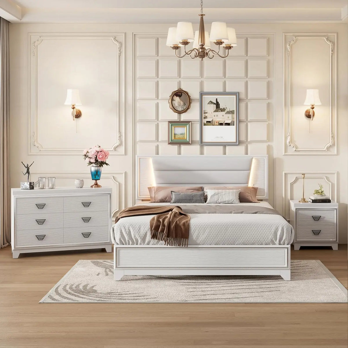 3 Pieces Bedroom Sets Queen Size Upholstered Bed with LED Lights, Nightstands, 3 Piece Wood Bedroom Furniture Set, White
