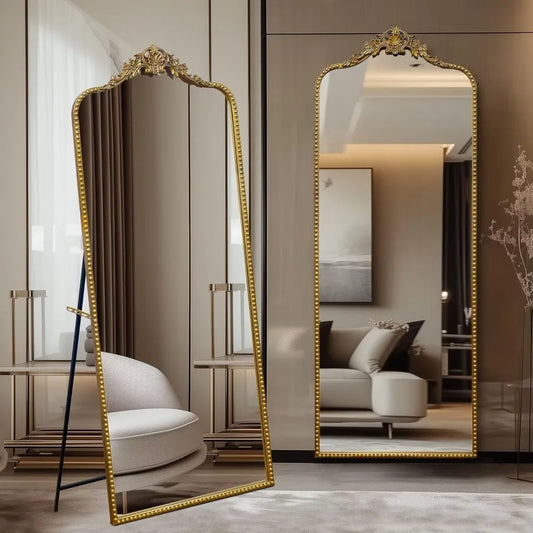 Antique Vintage Ornate Baroque Full Length Floor Mirror, Thick Glass Heavy Duty Full Body Mirror w/Free Standing, Wall-Mounted
