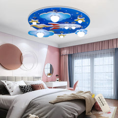 23.62" Modern Cartoon LED Ceiling Light Dimmable Blue Wood Cosmic Stars Flush Mount Chandelier Children's Room Ligting Fixture