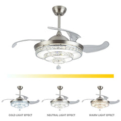 42" Invisible Ceiling Fan Light LED Light Pendant Fan Lamp Retractable Blade w/ Remote Home Decor Fixture 3-Color Adjustable