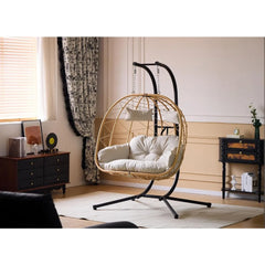 2 Person Egg Swing Chair with Stand - Indoor/Outdoor Hammock Chair & Hanging Egg Chair | Rattan Wicker, UV Resistant Cushion & P