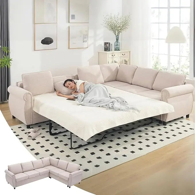 Sleeper Sofa Bed, Pull-Out Couch with Mattress, Modern L-Shaped Convertible Sofa with Storage