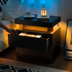 Nightstand LED Bedside Table for Bedroom Modern Night Stand with 2 Wood Drawers End Side Table for Bedroom