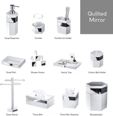 White Bathroom Accessories Set - includes: Trash Can, Tissue Box Cover, Soap Dispenser, Toothbrush Holder, Tumbler & Soap Dish