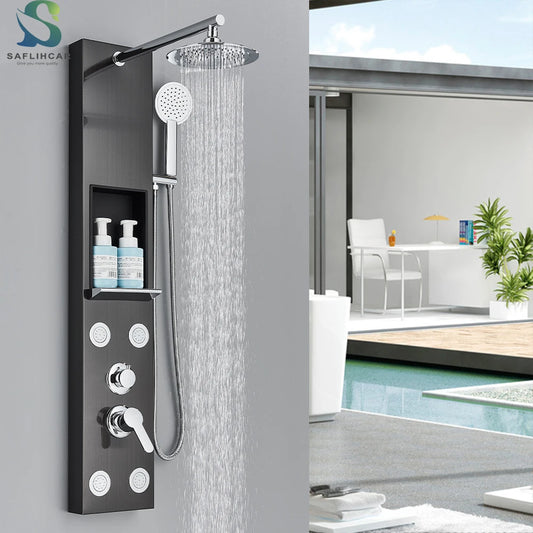 Black Shower Panel Column Big Screen Blue Light Rain&Waterfall Shower Head  Massage Jets Mixer Bathroom Shower Faucet
