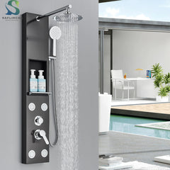Black Shower Panel Column Big Screen Blue Light Rain&Waterfall Shower Head  Massage Jets Mixer Bathroom Shower Faucet