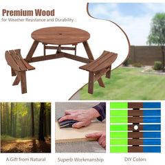 6 Person Outdoor Picnic Table, Round Picnic Table with 3 Built-in Benches, Umbrella Hole,Outside Wood Picnic Table and Bench Set