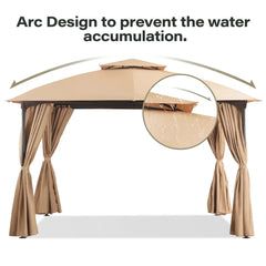 10'x10' Outdoor Gazebo, Unique Arc Roof Design and Privacy Curtains Included, Khaki