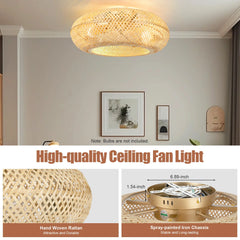 Modern Led Ceiling Fans With Light Bamboo Rattan Hand-Woven Retro Ceiling Lamp With Fans Remote Control 110V