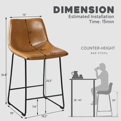 18 inch Bar Stools Set of 2,Counter Height Bar Stools with Back, Modern PU Leather Stools with Metal Leg and Footrest