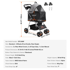 VEVOR 35lbs 4 Wheels Pet Dog Stroller with Brakes Storage Basket Cup Holder Puppy Stroller for Cats Travel Dogs Accessories