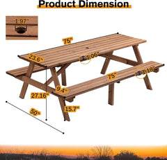 6 Person Outdoor Picnic Table, Round Picnic Table with 3 Built-in Benches, Umbrella Hole,Outside Wood Picnic Table and Bench Set