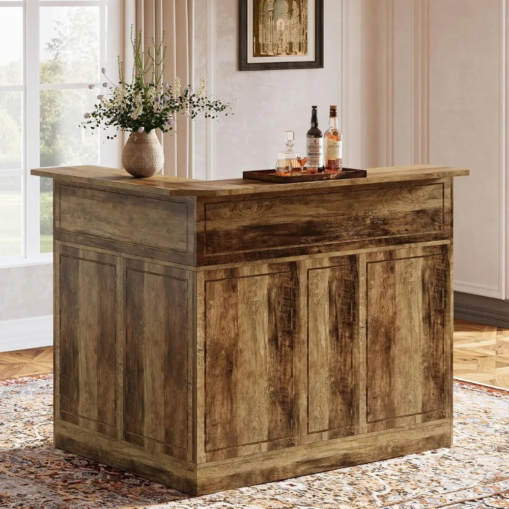 L-Shaped Home Bar Table with Stemware Racks, 4-Tier Corner Unit Liquor Wine, Brown,  Wine Cabinets
