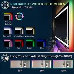 LED Bathroom Mirror Rectangular Wall Vanity Mirror Dimmable with 8 RGB Backlit 3 Front Color Anti-fog, Memory