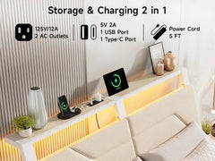 Queen Bed Frame with Headboard and LED Lights, Ergonomic Upholstered Queen Platform Bed Fame with Charging Station & Storage