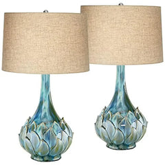Tropical Coastal Ceramic Table Lamps Set Green Blue Beige Shade Kenya Bedroom 29.5