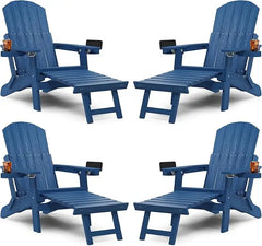 Adirondack Chair with Ottoman Set of 4, Adjustable Backrest Adirondack Chairs, Folding Outdoor Fire Pit Chair with 2 Cup-Holders