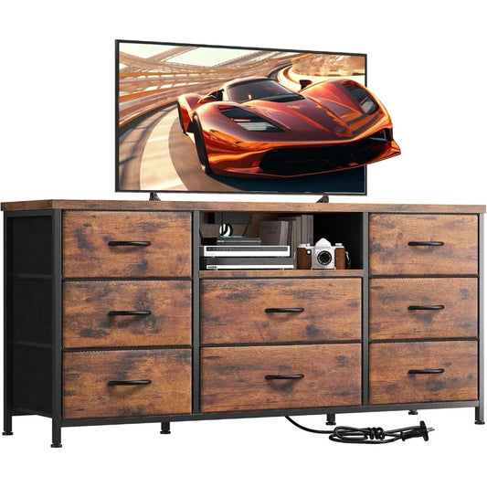 Dresser TV Stand with Power Outlet & 8 Fabric Drawers – Storage Media Console for Bedroom & Living Room