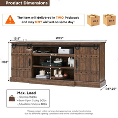 Farmhouse 75" TV Stand for 80 85 Inch TV, Rustic Media Console Table with Sliding Barn Door, Large Highboy Entertainment Center
