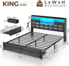 Queen Size Bed Frame with Drawers & Charging Station, Upholstered Platform Bed with LED Storage Headboard