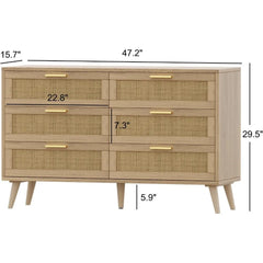 6 Drawer Double Dresser for Bedroom, Rattan Chest of Dressers, Modern Wooden Dresser Chest with Golden Handles,