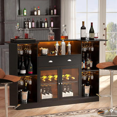 Bar Table Cabinet with LED & Drawer, Mini Liquor Bar with 8-Tier Storage & Stemware Holder（Black）