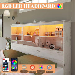 2-Piece Bedroom Set, Queen Bed Frame and 6 Drawer Dresser, Platform Bed with 51.2" LED Bookcase Headboard & 4 Under-Bed Drawers
