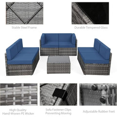 7 Piece Outdoor Patio Furniture Set, PE Rattan Outdoor Grey Wicker Furniture, Outdoor Sectional Furniture Chair Set with Cushion