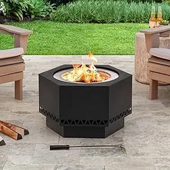 Smoke Free Hexagonal Outdoor Fire Pit with PVC Cover and Fire Rod, Black Terrace Wood Burning, 26 in