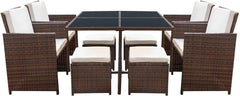 9 Pieces Patio Dining Sets Outdoor Space Saving Rattan Chairs with Glass Table Patio Furniture Sets Cushioned Seating (Beige)