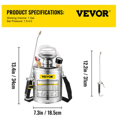 VEVOR 2Gal Stainless Steel Sprayer Hand Pump Sprayer with Pressure Gauge&Safety Valve Adjustable Nozzle for Gardening Sanitizing