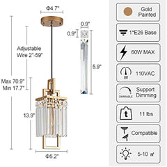 Modern Gold Pendant Light Fixtures for Kitchen Island and Dining Room, Industrial Small Hanging Crystal Chandelier Light Fixtur