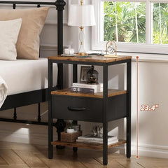 Nightstand Set of 2, Bed Side Tables with Charging Station, Adjustable Fabric Drawer, Night Stand for Bedroom
