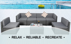 7 Piece Outdoor Patio Furniture Set with Cushions, PE Rattan Wicker Modular Patio Sofa Set with Coffee Table, and Two Pillows
