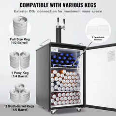 SucceBuyBeer Kegerator Dual Tap Draft Beer Dispenser Full Size Keg Refrigerator with CO2 Cylinder Shelves Drip Tray & Rail Black