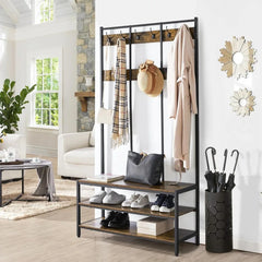 Hall Tree Entryway Coat Rack with Bench, Large Hall Tree with Wooden Shoe Storage & 24 Hooks for Entryway, Sturdy Meta