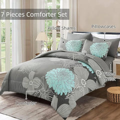 7 Pieces Bed in a Bag Floral Comforter Set Green Flowers Bedding Set Soft Microfiber King Comforter Sets Duvet Cover Sets