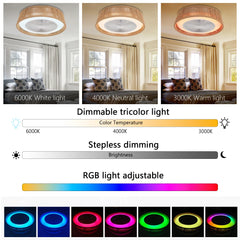 21" Modern Rustic Ceiling Fan Light with LED RGB Mood Lighting, Rope Woven Design, Quiet Fan, Semi Flush Mount for Bedroom
