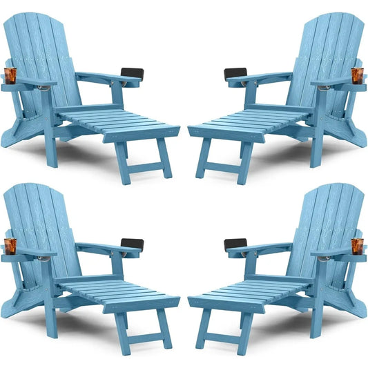 Adirondack Chair with Ottoman Set of 4, Adjustable Backrest Adirondack Chairs, Folding Outdoor Fire Pit Chair with 2 Cup-Holders